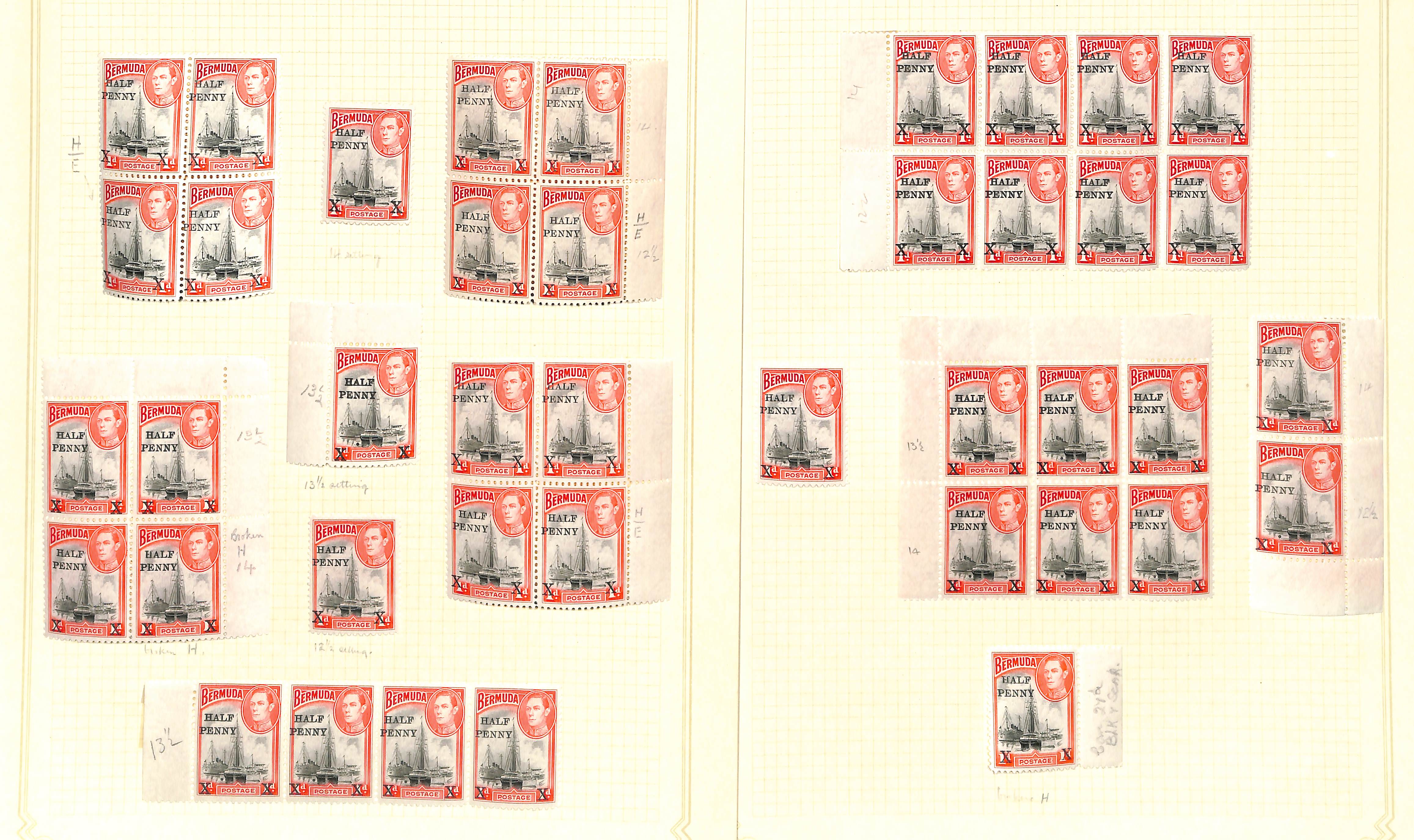 1940 Half Penny on 1d, study of the surcharge types with complete sheets (7) showing Ludington - Image 9 of 11