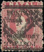 Natal. 1879 1d on 6d, Varieties surcharged four times, or surcharge double one inverted, both
