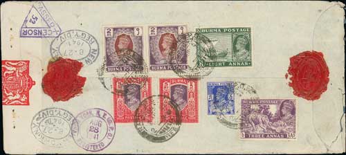 1941 (Aug 2) Long registered censored cover from Rangoon to USA franked on reverse with KGVI 6p, 3a,