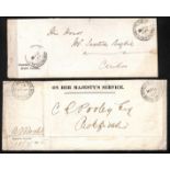 1865-66 Stampless O.H.M.S covers, the first with "Governor / British Columbia" printed in the