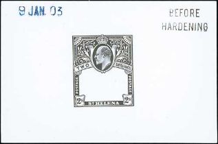 1903 2/- Frame Die Proof in black on white glazed card, stamped "BEFORE / HARDENING" and dated "9