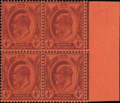 1904-10 4c Purple on red, mint block of four with margin at right, variety watermark inverted,