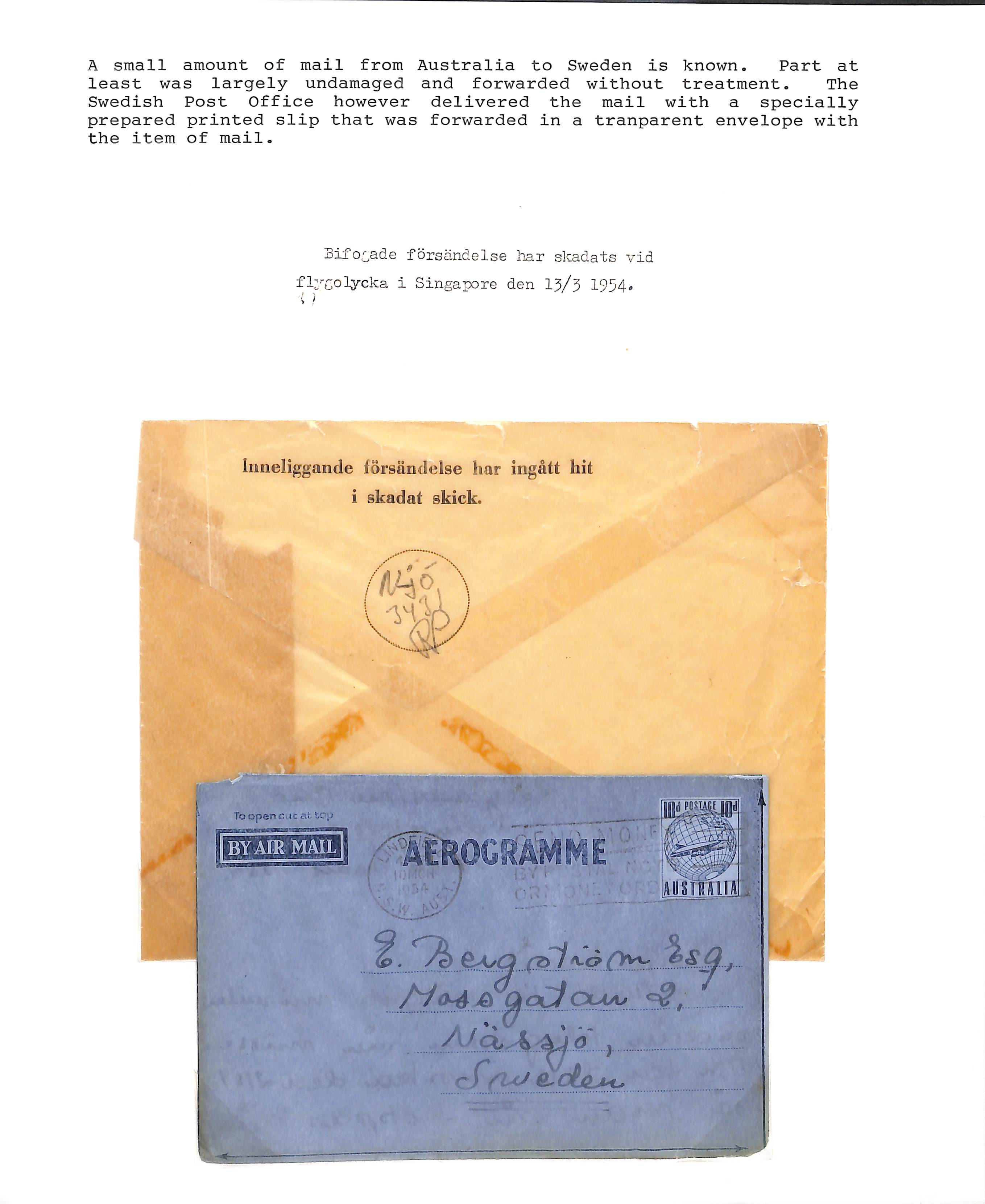 Sweden. 1954 (Mar. 10) Australia 10d Aerogramme to Nassjo, undamaged and without cachet but with