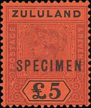 Zululand. 1894 £5 Purple and black on red overprinted "SPECIMEN", fine mint. S.G. 29s, £475. Photo