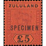 Zululand. 1894 £5 Purple and black on red overprinted "SPECIMEN", fine mint. S.G. 29s, £475. Photo