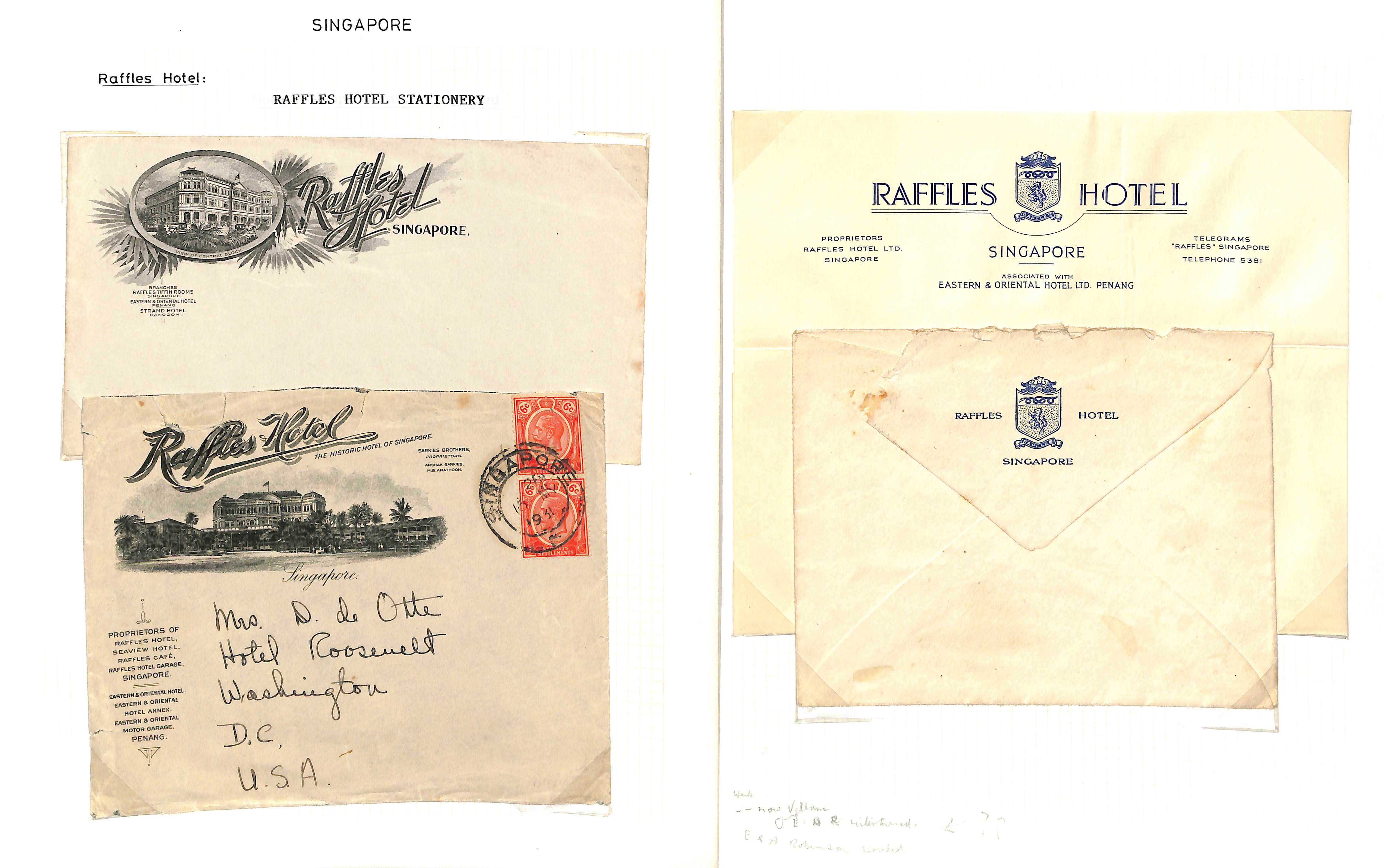 Raffles Hotel. 1901-91 Postally used pictorial advertising envelopes (5, 1931-35), also other - Image 2 of 5