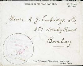 Burma - Thayetmyo. 1917 Printed P.O.W envelopes to Bombay, one with "From Prisoners of War Camp,