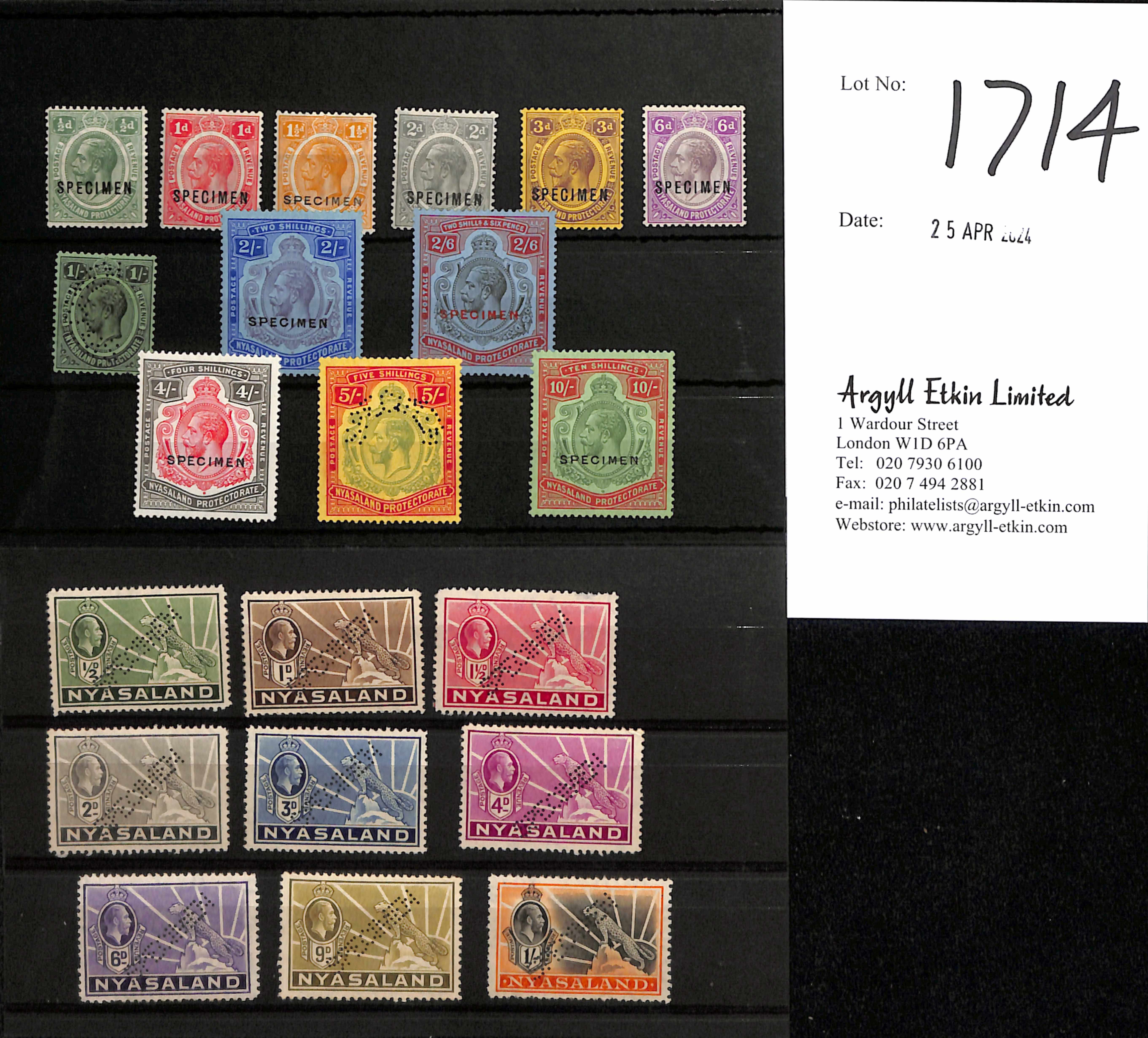 1921-35 Specimen stamps comprising 1921-33 ½d - 10/- (12, missing the 4d) and 1934-35 ½d - 1/- set