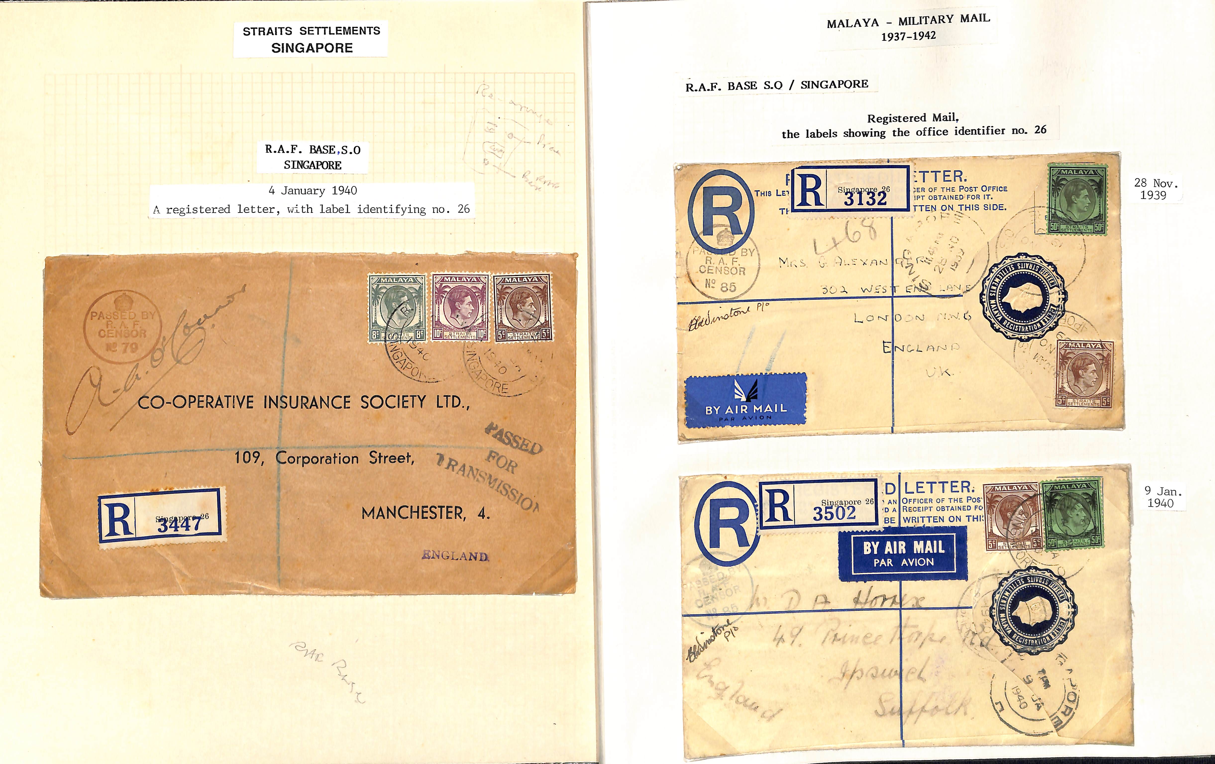 R.A.F. Base. 1937-40 Covers (4), three registered, two 15c postal stationery envelopes, also - Image 2 of 3