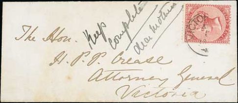 c.1866 Cover to "The Hon. H.P.P Crease, Attorney General, Victoria" franked 1865 perf 14 5c tied