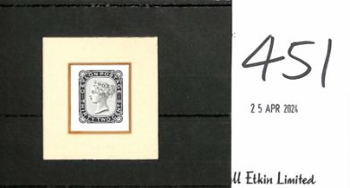 1871 32c Die Proof in black on white glazed card, reduced to 43x42mm, mounted with card surround.