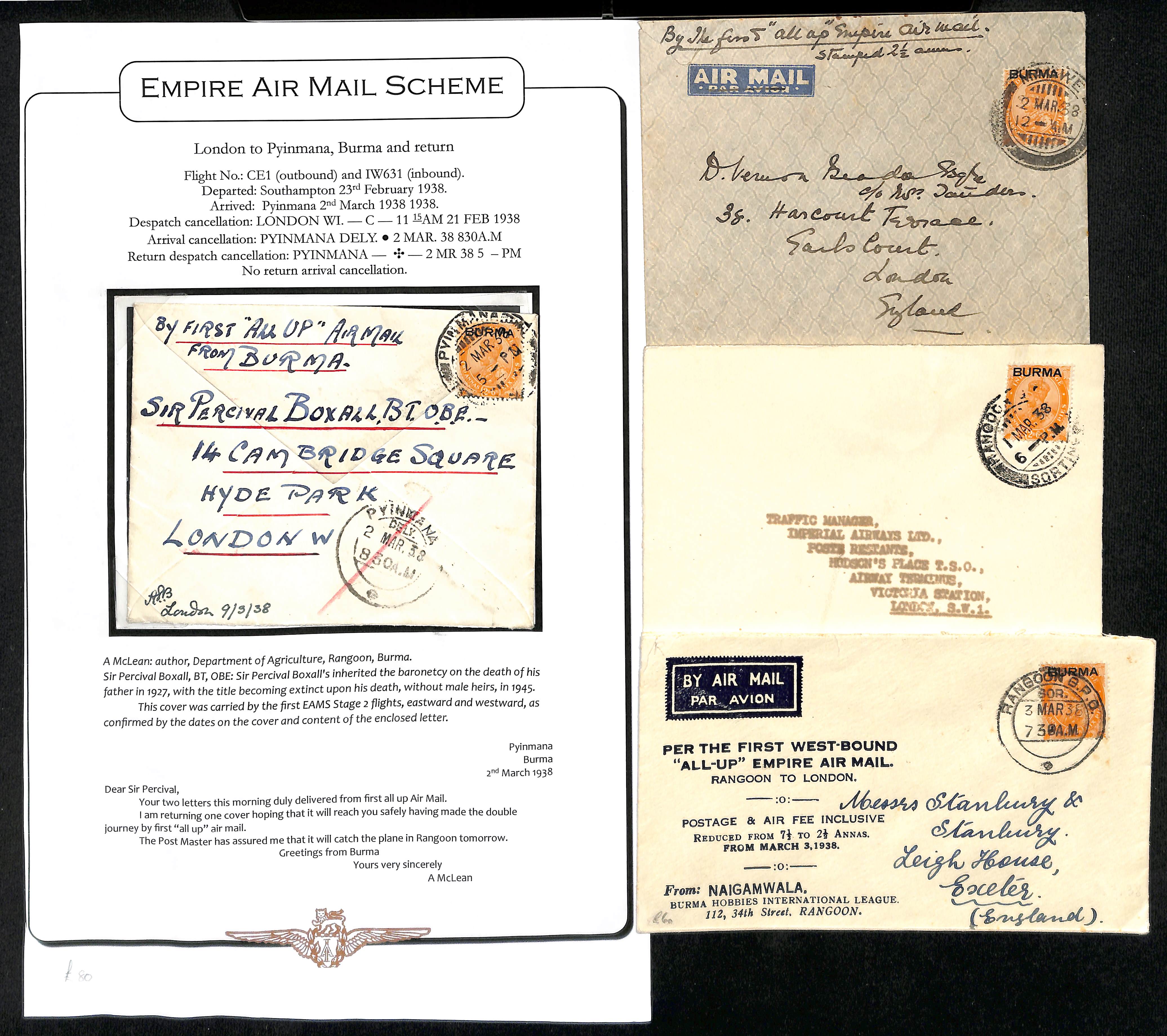 1938 Empire Air Mail Scheme, eastbound first flight covers from G.B (3, two posted back on first