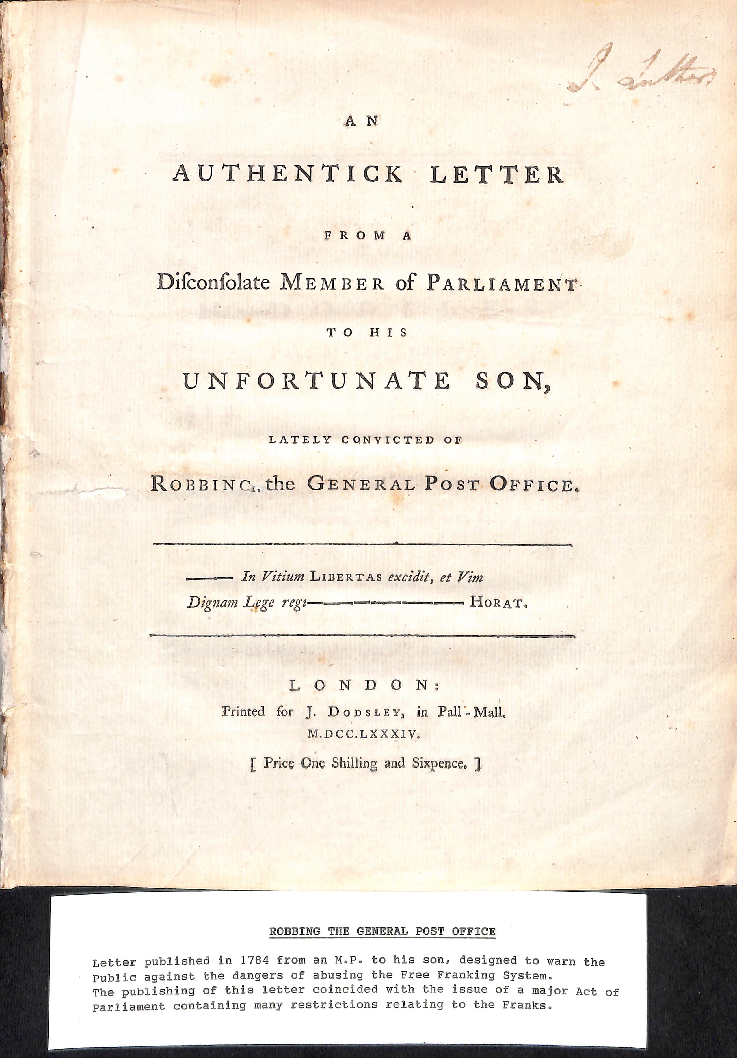 1784 23 Page pamphlet "An Authentick Letter from a Disconsolate Member of Parliament to his