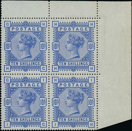 1883 10/- Ultramarine on white paper, HG-IH corner marginal block of four unmounted mint, deep