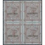 1882 £1 Brown-lilac, watermark Large Anchor, DB-EC block of four on blued paper, each handstamped "