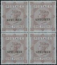 1882 £1 Brown-lilac, watermark Large Anchor, DB-EC block of four on blued paper, each handstamped "