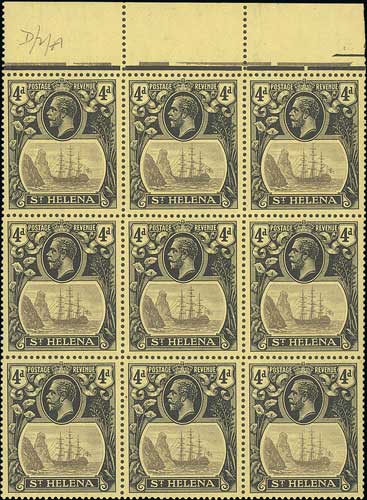 1923 4d Grey and black on yellow, unmounted mint block of nine with upper margin, including "storm