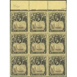 1923 4d Grey and black on yellow, unmounted mint block of nine with upper margin, including "storm