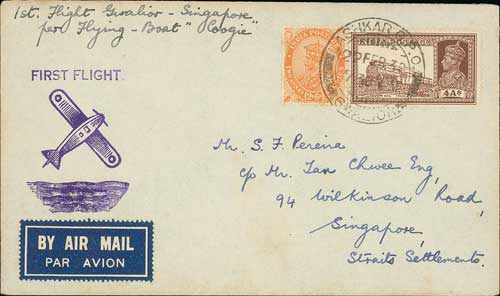 1938 (Feb 22) "Coogee" Survey Flight, cover from Lashkar, Gwalior to Singapore, fine and very - Image 2 of 2