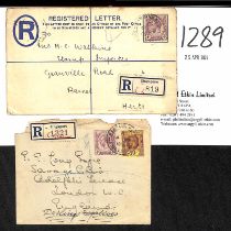 Kandang Kerbau. 1915 Registered covers to England bearing Singapore registration labels with