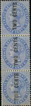 1884 (Aug) 2c on 5c Blue, mint vertical strip of three showing the three differing surcharge