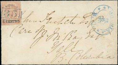 1871 (July 15) Mourning cover from Victoria to Yale franked 1869 perf 14 5c pale red cancelled by