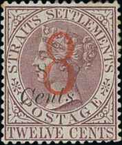 1884 (Sept) 8 on 8c on 12c Brown-purple, fine mint. S.G. 80, £650. Photo on Page 148.