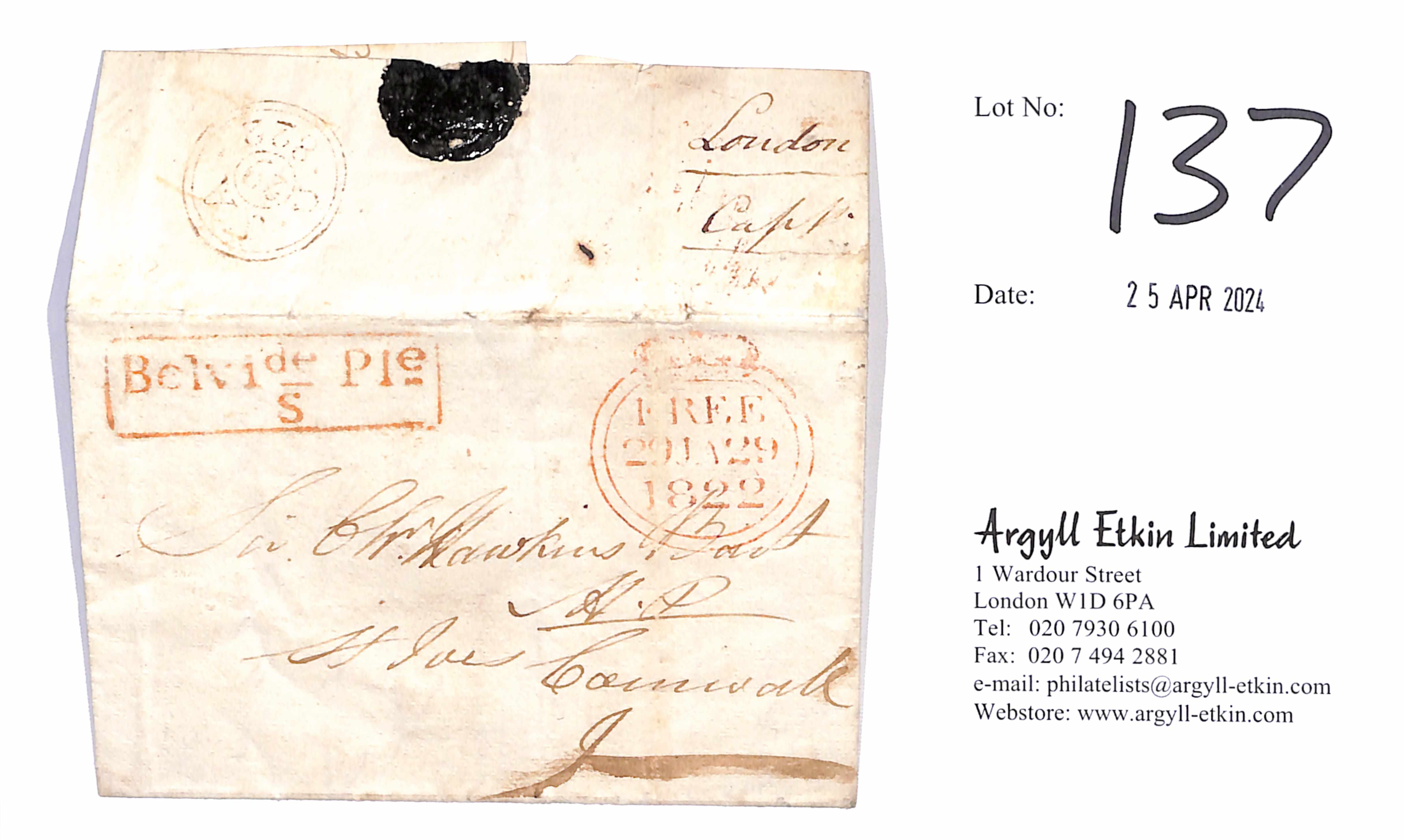 1822 (Jan 29) Entire from London to an M.P in St. Ives, Cornwall, with red Free datestamp and