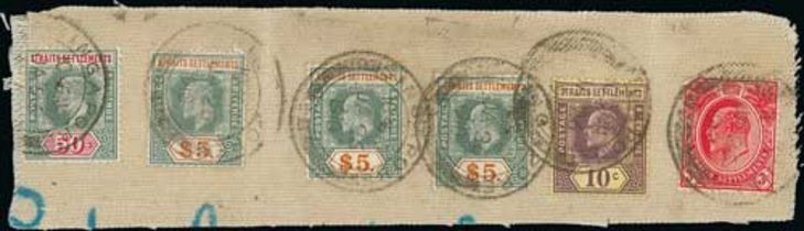 1910 (Jan 25) Piece cut from a linen parcel bearing 1904-10 3c, 10c, 50c and three $5 stamps, paying