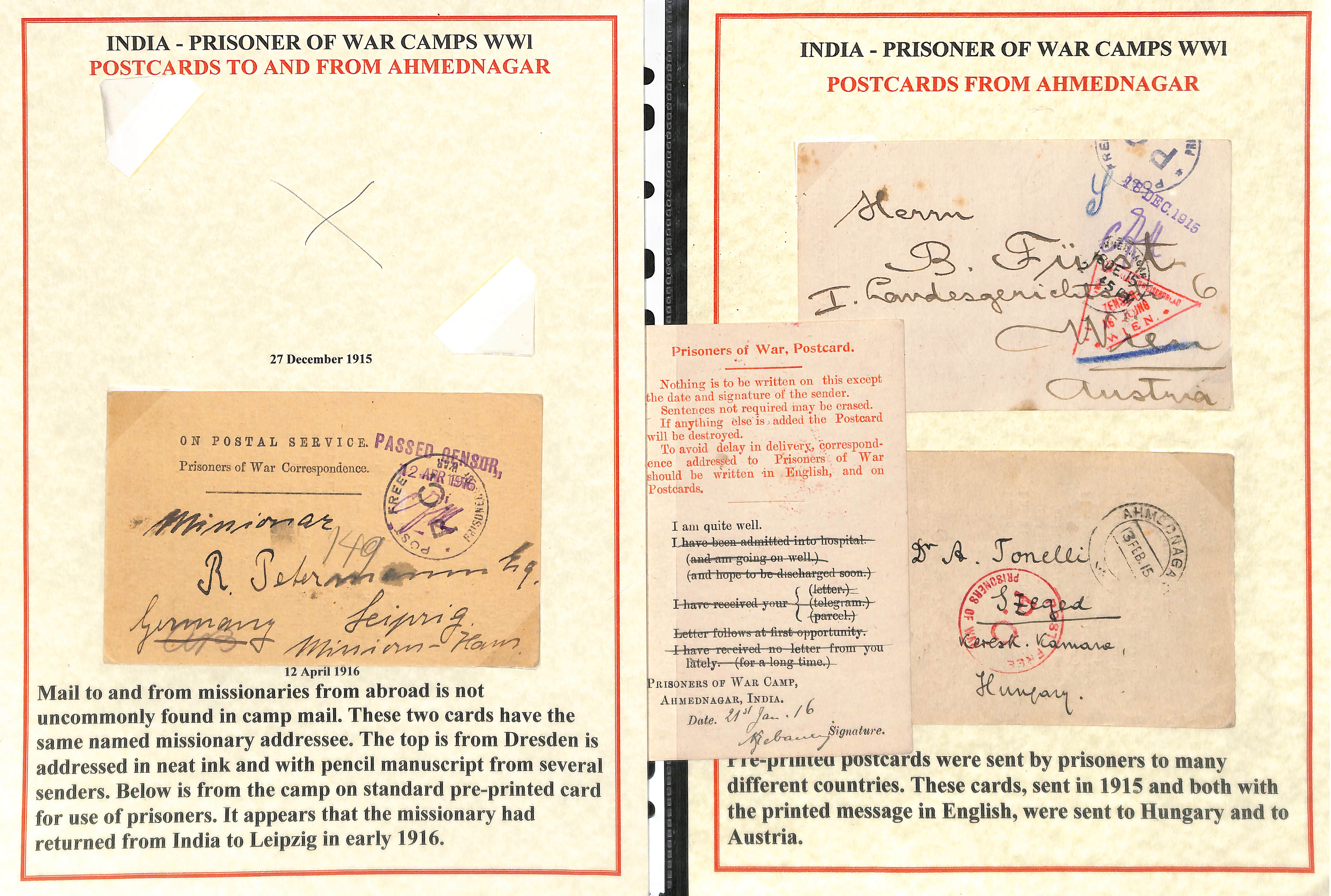 Ahmednagar. 1914-19 Printed Prisoner of War Postcards, the reverse with the usual five short