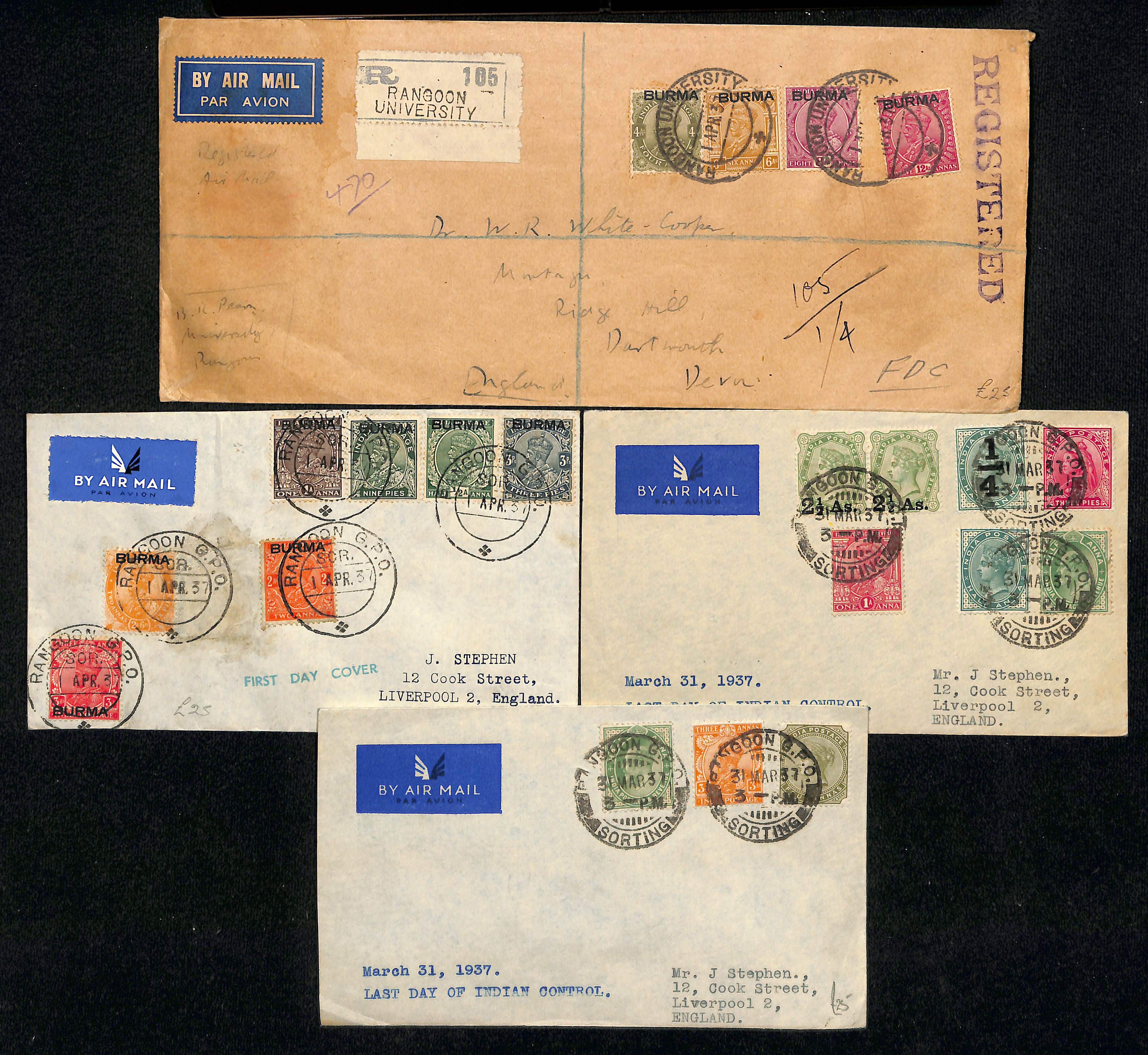 1937 (Mar 31 / Apr 1) Air Mail covers to G.B (6) or India, two with India stamps posted on the final - Image 2 of 2