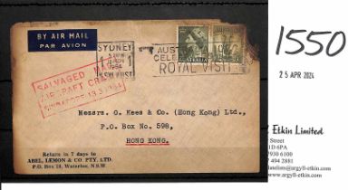 Hong Kong. 1954 (Mar. 10) Cover from Sydney to Hong Kong franked 1/3, with handstruck cachet. One of