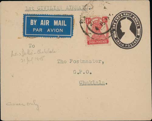 1945 (July 21) First postwar internal civilian airmail, 1½a envelopes franked 1a, flown from New