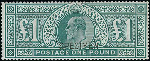 1902 KEVII £1 Dull blue-green, overprinted "SPECIMEN" type 16, superb mint. S.G. £1,400. Photo on
