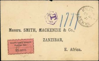 1931 (Dec 27) Stampless cover from Kilindini, Kenya, with violet octagonal framed "T / 50 CENTIMES",