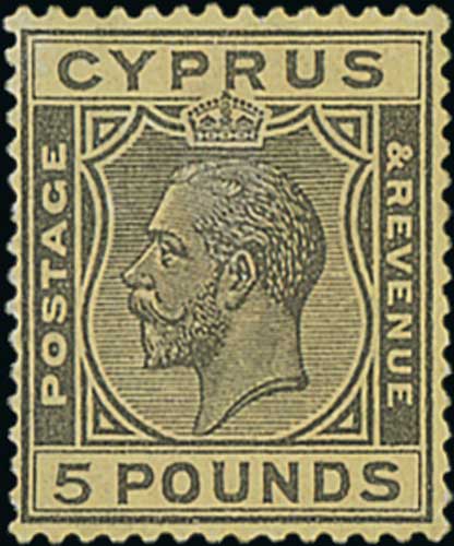 1923 £5 Black on yellow, fine mint. S.G. 117a, £3,750. Photo included on Front Cover.