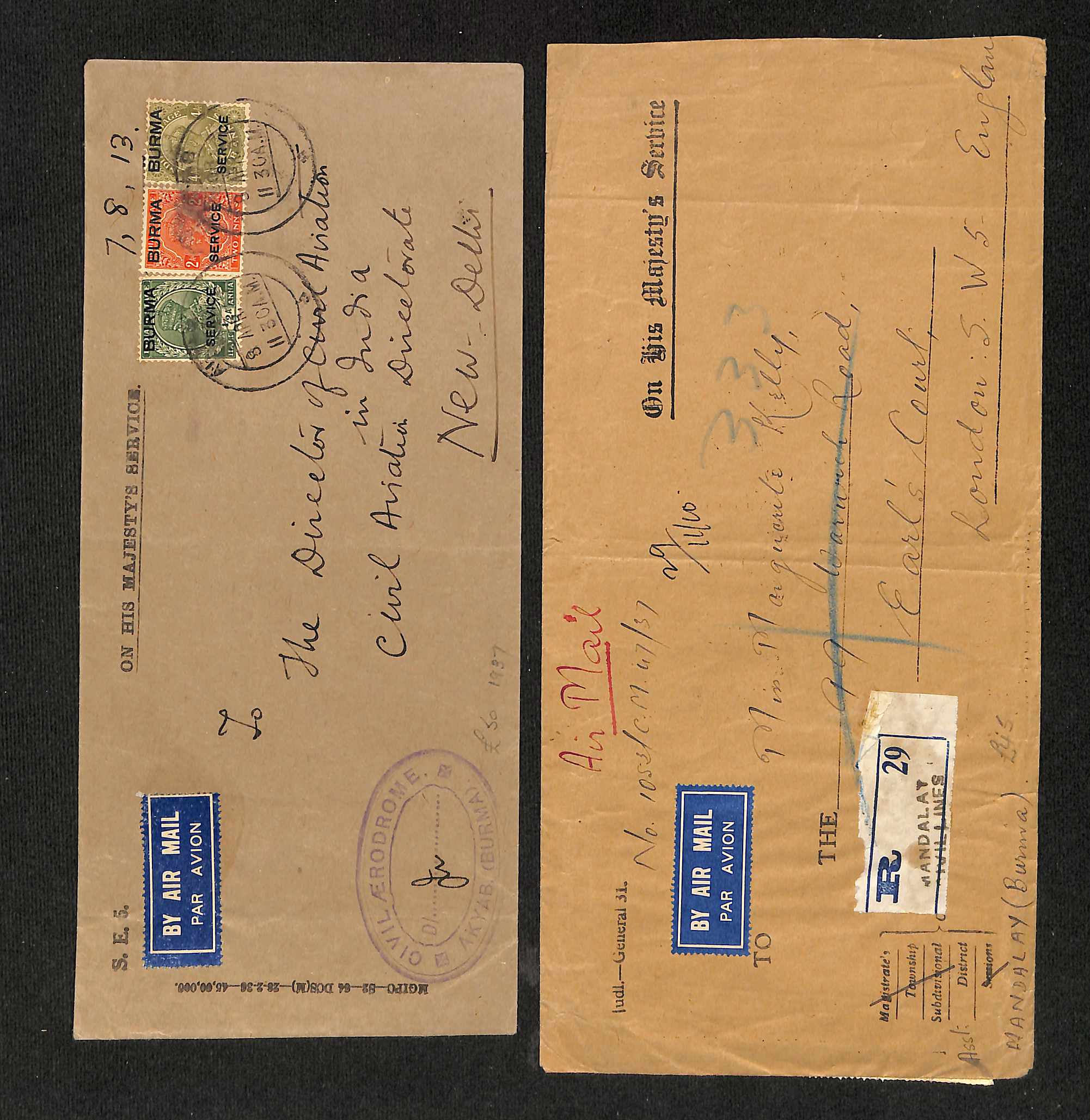 1936-9 Long Official covers sent by air to the Director of Civil Aviation in New Delhi (5) or to - Image 3 of 6