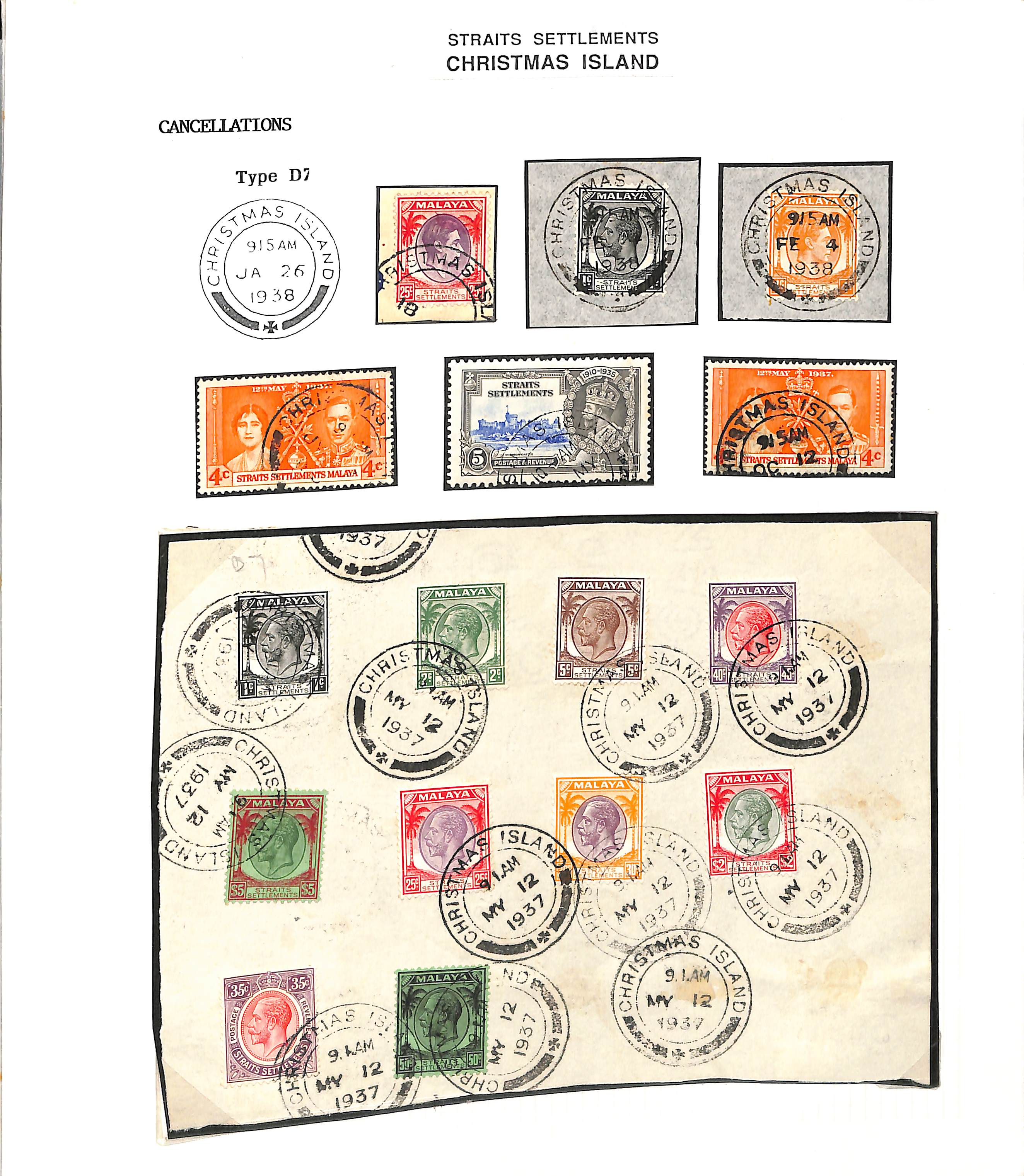 1937-38 Pieces (4) and stamps (3) with "CHRISTMAS ISLAND" c.d.s type D7, one large piece with KGV