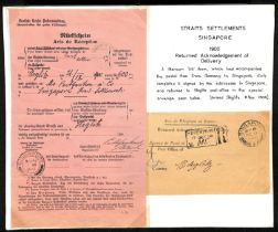 A.R Mail. 1900 German A.R form for a registered letter to Singapore, bearing Singapore (Oct. 15/
