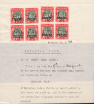 Revenues. 1931 Page from a Notarial Bond bearing two blocks of four of the c1930 South Africa £1