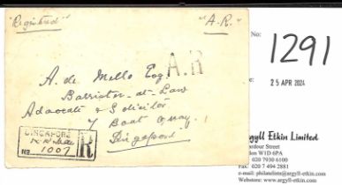 Kandang Kerbau. 1921 (Apr 28) Registered A.R cover sent within Singapore, reverse bearing 4c + 5c (
