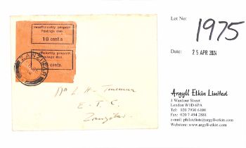 1934 (Sep 28) Stampless cover to Mrs L.H Trueman, E.T.C, Zanzibar, bearing 18c orange vertical pair,