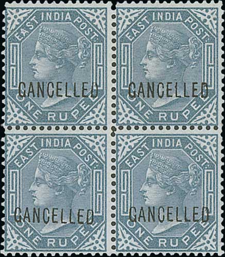 1874-76 9p, 6a, 12a and 1r Blocks of four all overprinted "CANCELLED" type D7, superb unmounted - Image 3 of 5