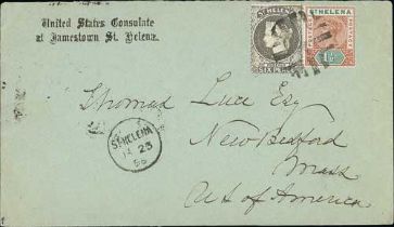 1896 (Jan 23) "United States Consulate at Jamestown St Helena" printed cover, posted to New Bedford,