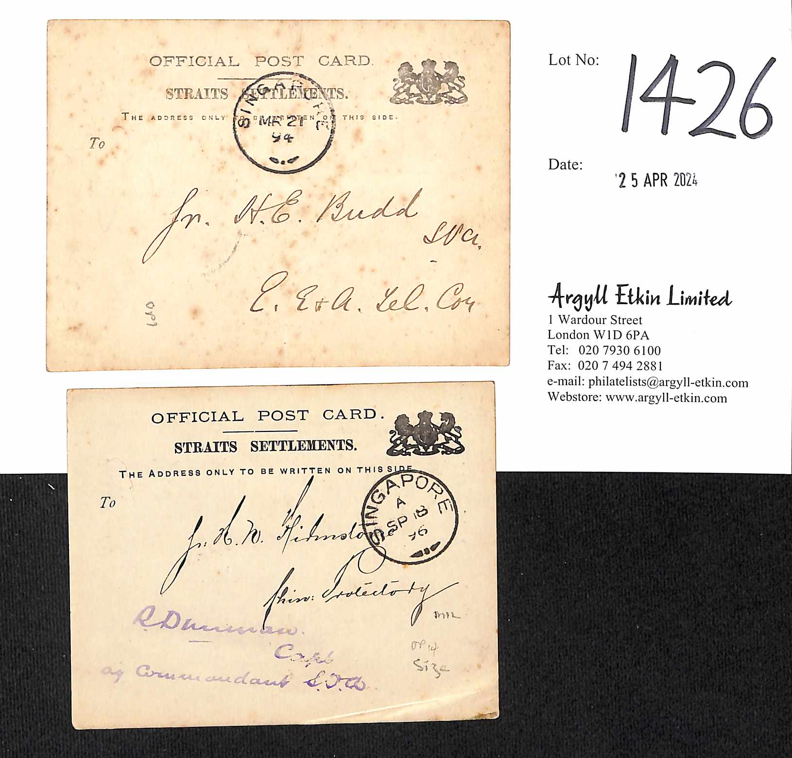 1894-96 Official Post Cards posted within Singapore, large royal arms at right, the cards with