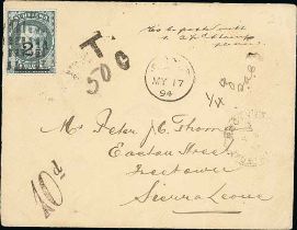 Sierra Leone. 1894 (May 17) Cover to Sierra Leone with a handwritten request to frank with a 2½d