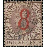 1884 (Sept) 8 on 8c on 12c Brown-purple, variety "S" of "Cents" low, used, thinned but a presentable