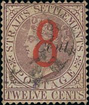 1884 (Sept) 8 on 8c on 12c Brown-purple, variety "S" of "Cents" low, used, thinned but a presentable