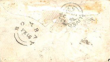 Bombay G.P.O. 1855 (Feb 16) Cover to England "via Southampton" bearing two 4a stamps (S.G. 19,