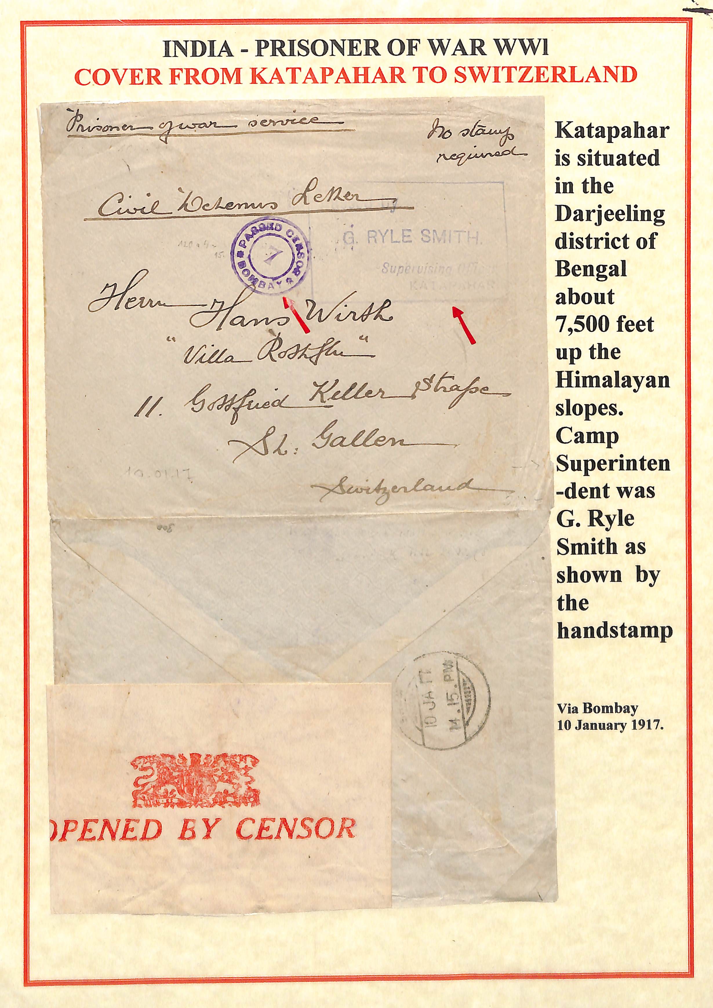 Katapahar. 1917 Stampless cover to Switzerland endorsed "Prisoner of War Service, no stamp required,